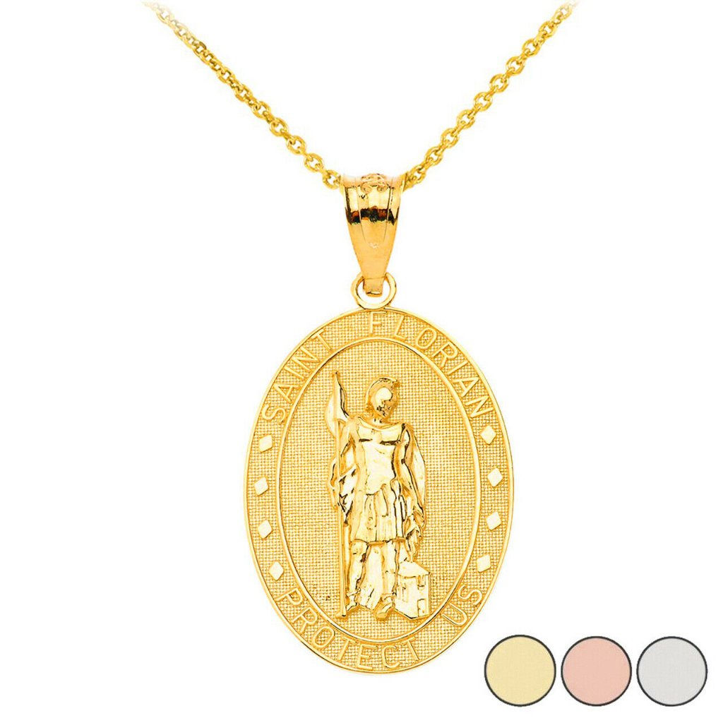 Solid 10k Gold St. Saint Florian Protect Us Oval Medallion Pendant Necklace
